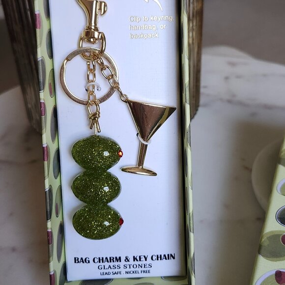 Martini Key Chain/ Bag Charm Green and Gold - Picture 3 of 4